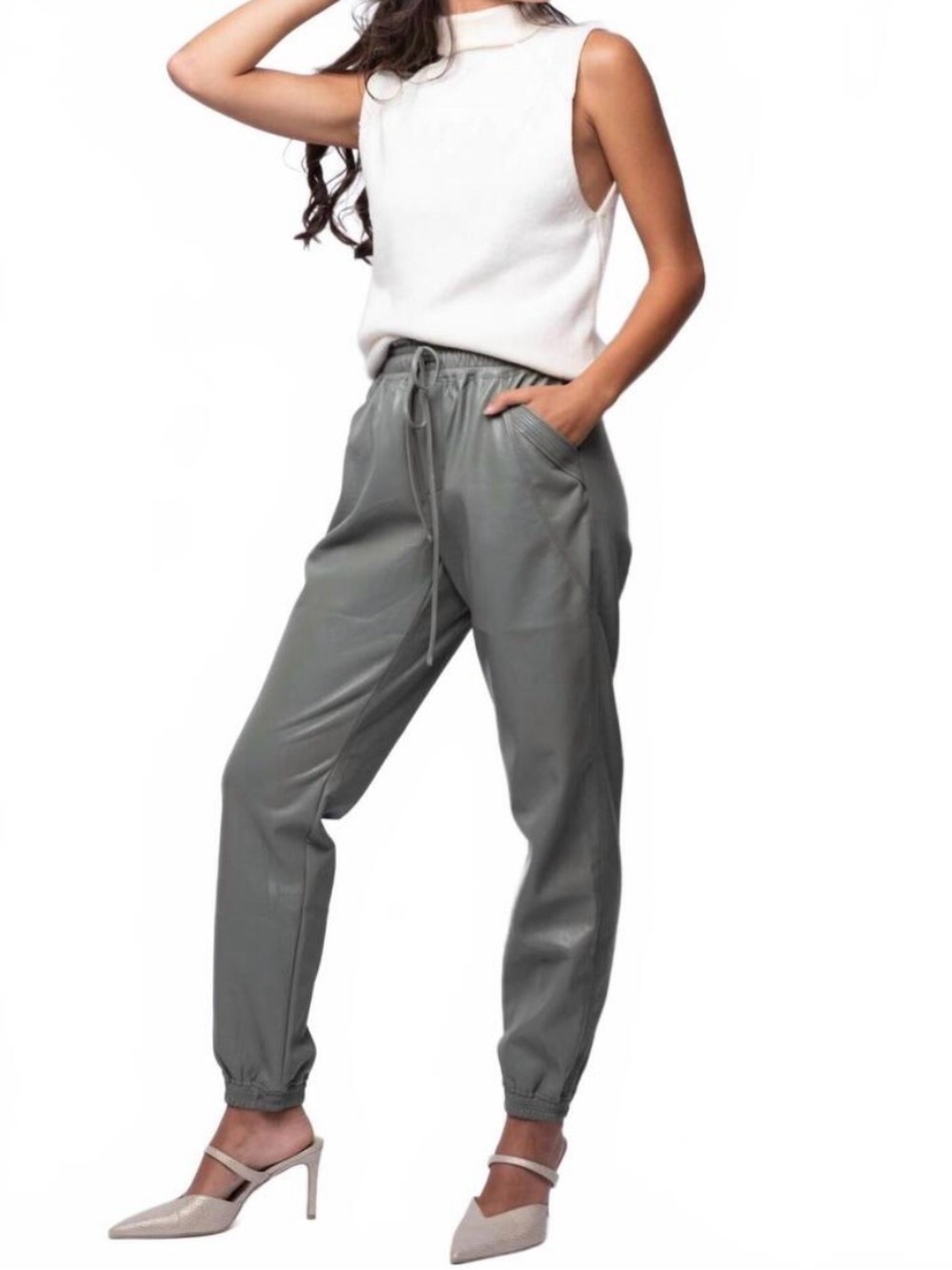 NWOT MELISSA NEPTON vegan faux leather jogger Sage green Sz M